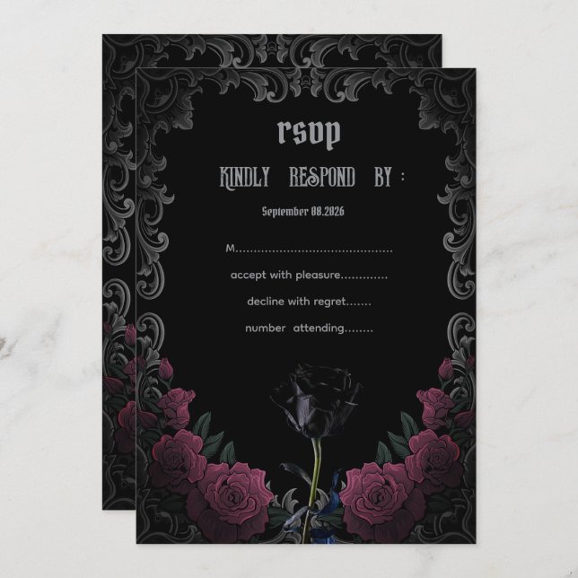  Black Red Roses Gothic  RSVP   Invitation (Front/Back)