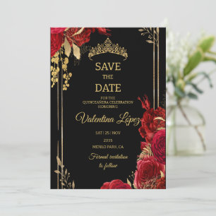 Black Red Roses Quinceañera Save the Date Invitation