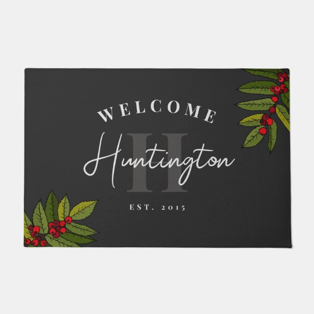 Black Red Rowan Berries Welcome Monogram Doormat (Front)