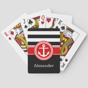 Black Red Rugby Stripe Anchor CB Monogram Playing Cards