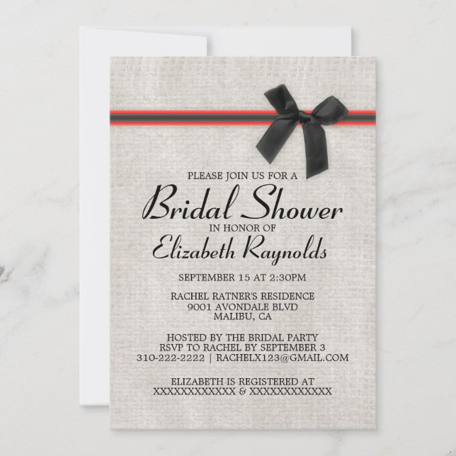 Black Red Rustic Burlap Bridal Shower Invitations (Front)