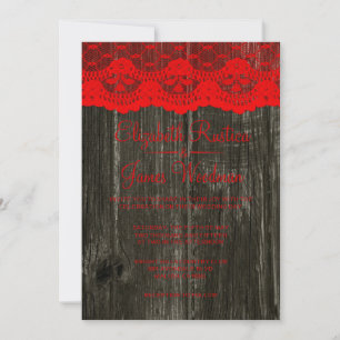Black Red Rustic Lace & Wood Wedding Invitations