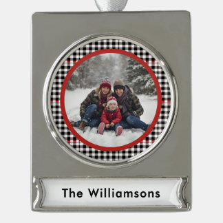 Black Red Rustic Plaid Family Photo and Name Silver Plated Banner Ornament