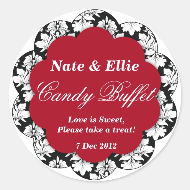 Black & red Scallop Damask Candy Buffet Sticker (Front)