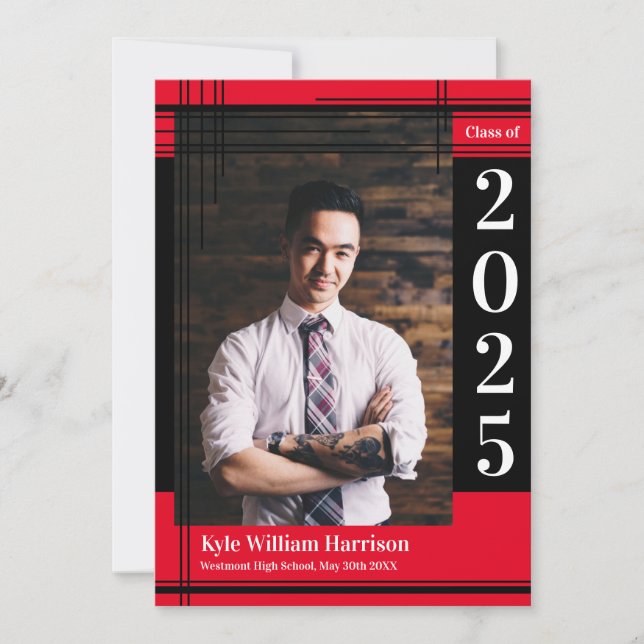 Black Red School Colour Graduation Photo Plaid Invitation (Front)