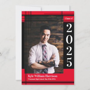 Black Red School Colour Graduation Photo Plaid Invitation
