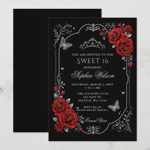 Black Red Silver Floral Butterfly Sweet 16 Invitation