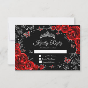 Black Red Silver Quinceanera Reply RSVP Card