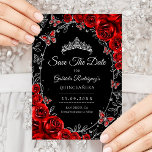 Black Red Silver Quinceanera Save The Date<br><div class="desc">Black red and silver Quinceanera celebration Save The Date card. Features,  script font,  butterflies,  watercolor roses and tiara. Perfect for an elegant princess style glam celebration. Personalize with your own details. Printed Zazzle cards or instant download digital printable template.</div>