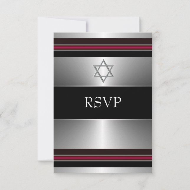 Black Red Silver Star of David Bar Mitzvah RSVP Card (Front)