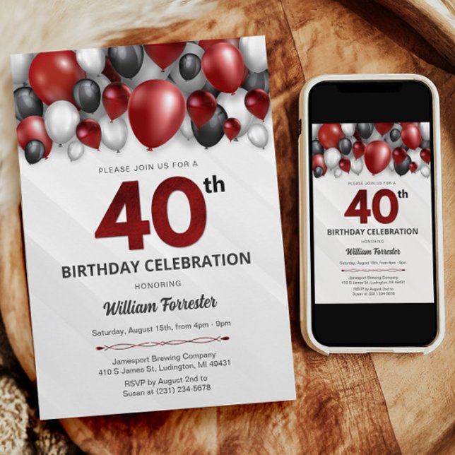 Black Red Silver & White 40th Birthday Invitation (Black Red Silver & White 40th Birthday Invitation)