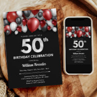 Black Red Silver & White 50th Birthday Invitation