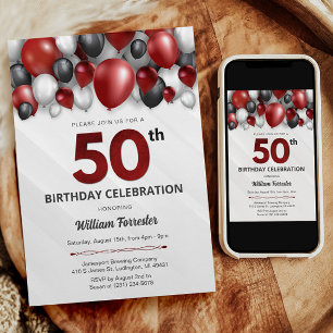 Black Red Silver & White 50th Birthday Invitation
