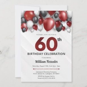 Black Red Silver & White 60th Birthday Invitation