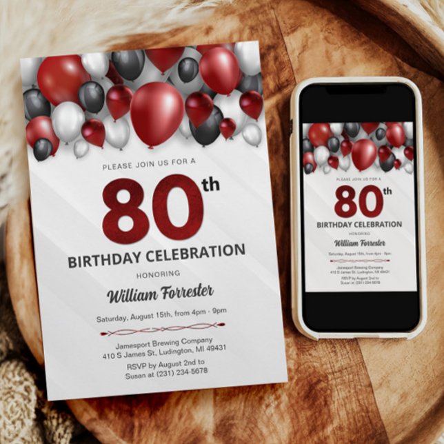 Black Red Silver & White 80th Birthday Invitation (Black Red Silver & White 80th Birthday Invitation)