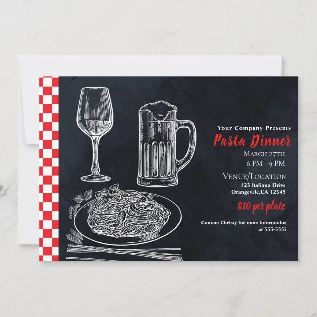 Black Red Spaghetti Pasta Chalk Dinner Party Event Invitation (Front)