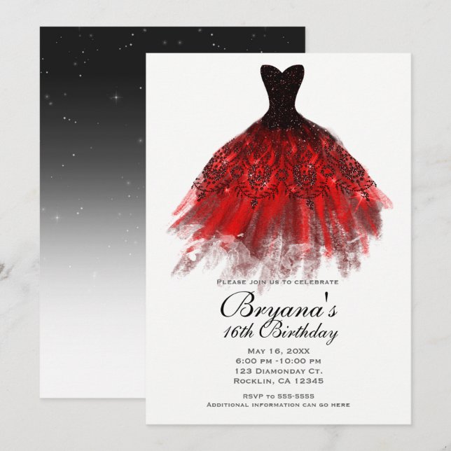 Black Red Sparkle Elegant Dress Birthday Party Invitation (Front/Back)