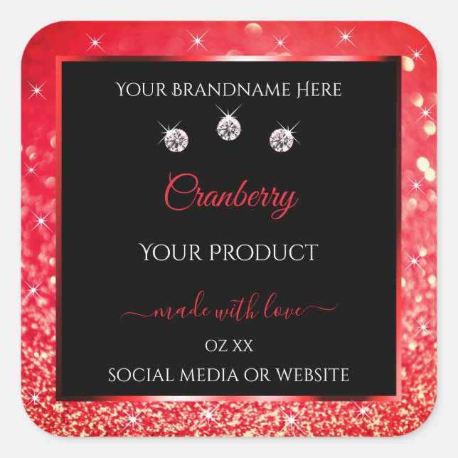 Black Red Sparkle Glitter Product Packaging Labels (Front)