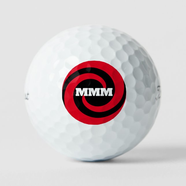 Black/Red Spiral Custom Monogram Golf Ball 3 Pack (Front)