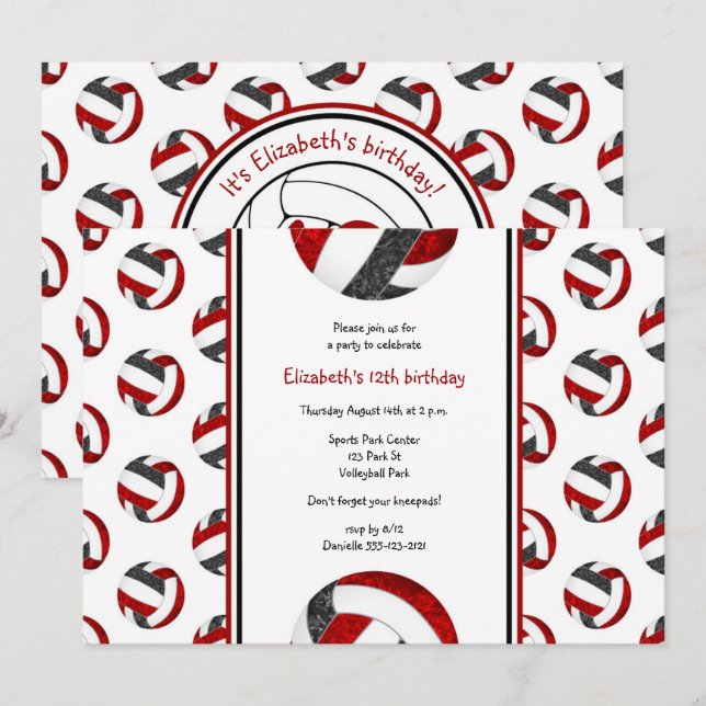 black red sporty girls volleyball birthday party invitation (Front/Back)