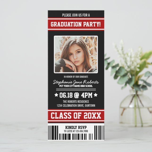Black|Red Sporty Graduation Party Ticket Invitation (Standing Front)
