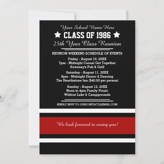 Black/Red Sporty Stripes Class Reunion Invitation (Front)