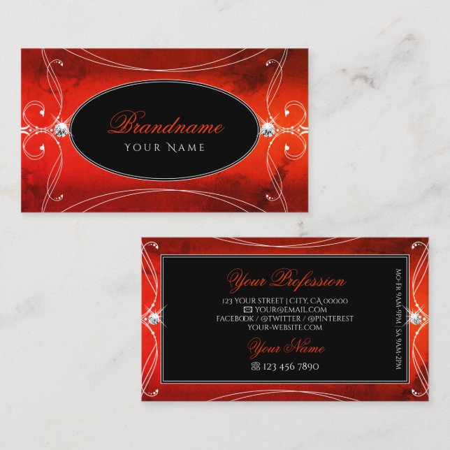 Black Red Squiggled Ornate Ornament Sparkle Jewels Business Card (Front/Back)