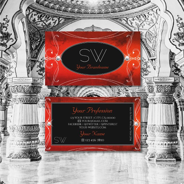 Black Red Squiggled Ornate Sparkle Jewels Initials Business Card (Creator Uploaded)