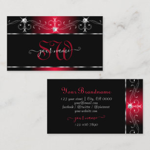 Black Red Squiggles Sparkle Jewels Initials Ornate Business Card
