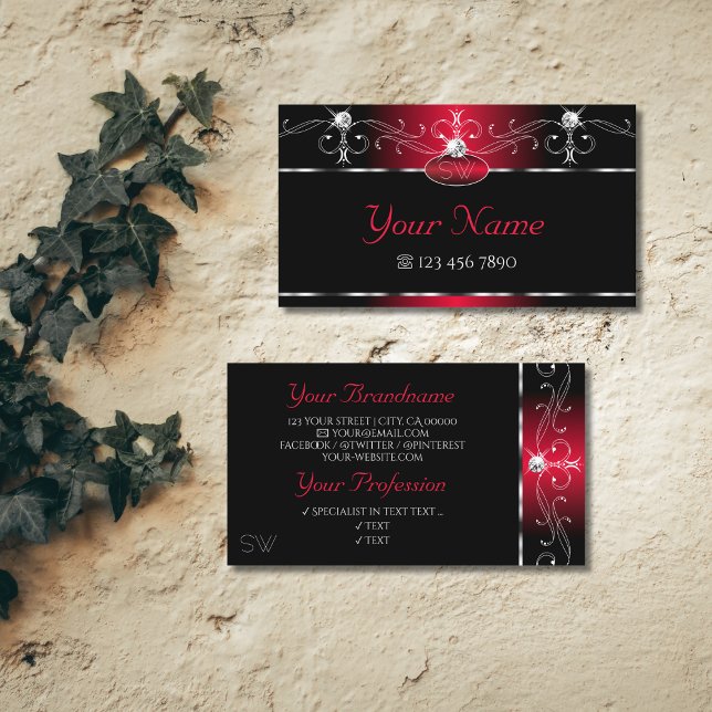 Black Red Squiggles Sparkle Jewels Monogram Ornate Business Card (Creator Uploaded)