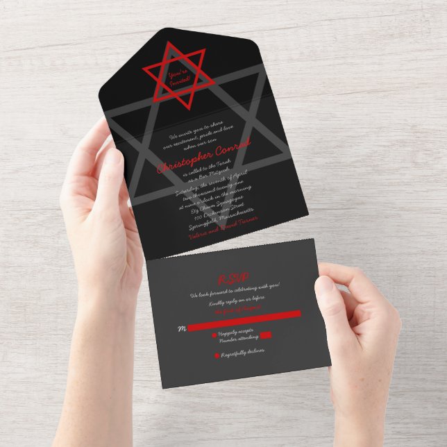 Black Red Star of David Bar Mitzvah RSVP All In One Invitation (Tearaway)