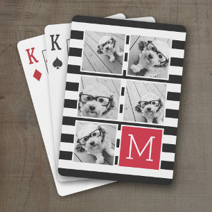 Black Red Striped Photo Collage Custom Monogram Playing Cards