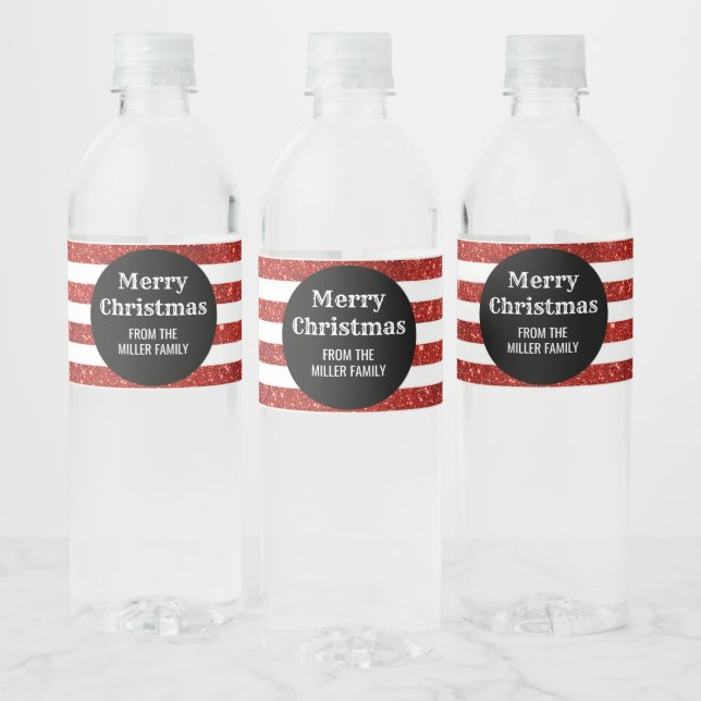Black Red Stripes Custom Merry Christmas Water Bottle Label (Bottles)