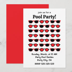 Black Red Sunglasses Summer Pool Party Invitation