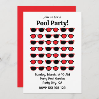 Black Red Sunglasses Summer Pool Party Invitation