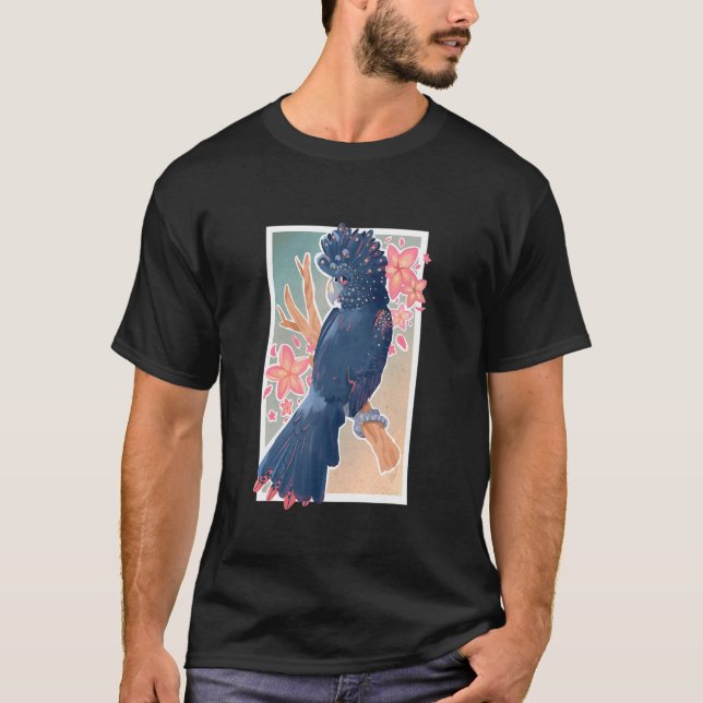 Black Red Tailed Cockatoo Parrot Bird with Plumeri T-Shirt (Front)