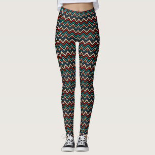 Black Red Teal Beige Aztec Pattern Leggings