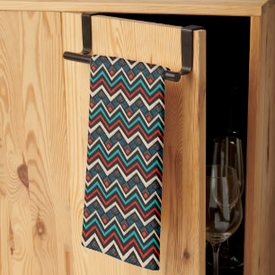 Black Red Teal Beige Aztec Pattern Tea Towel