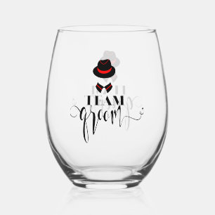 Black red Team Groom, Elegant Typography Stemless Wine Glass