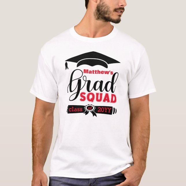 Black & Red Text Custom Mens White Grad Squad T-Shirt (Front)