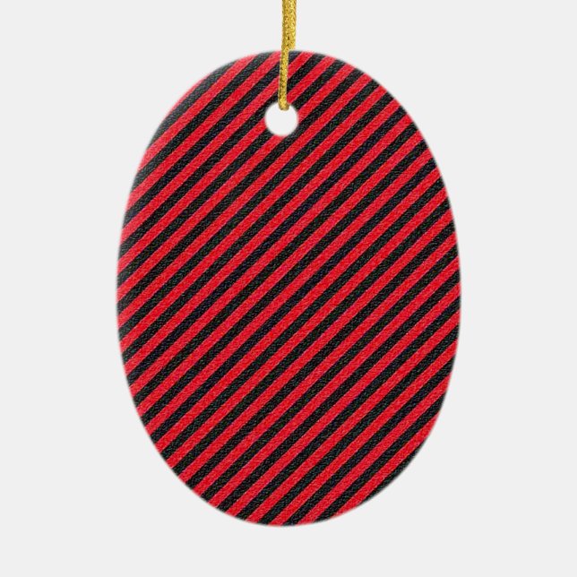 Black Red Thin Diagonal Stripes Ceramic Tree Decoration (Front)