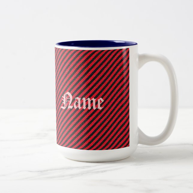 Black Red Thin Diagonal Stripes Two-Tone Coffee Mug (Right)
