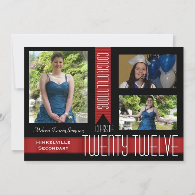 Black & Red Three Photos Graduation Announcement (Front)