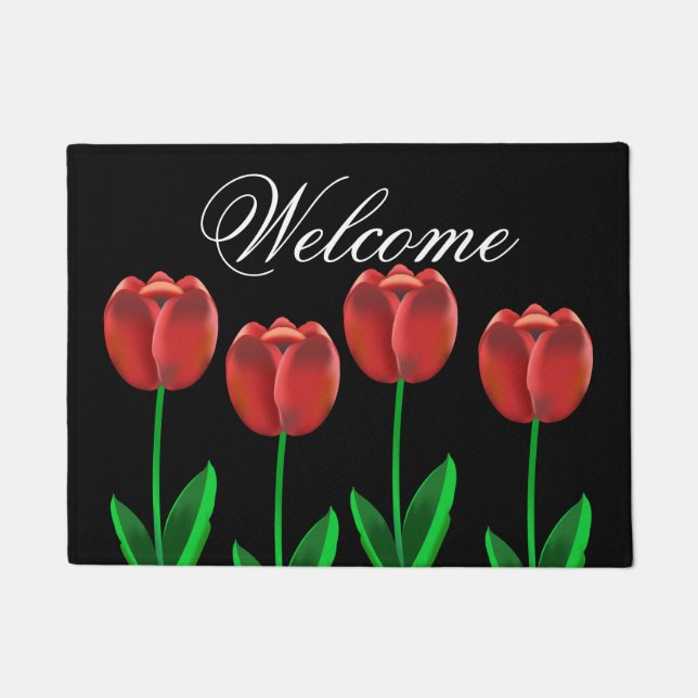 Black & Red Tulips Welcome Doormat (Front)
