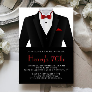 Black Red Tuxedo Mens 70th Birthday Party Invitation