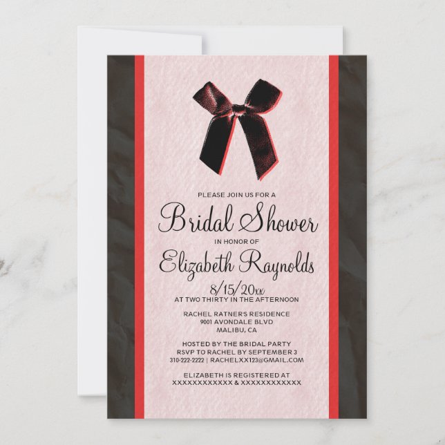Black Red Vintage Bow Linen Bridal Shower Invites (Front)
