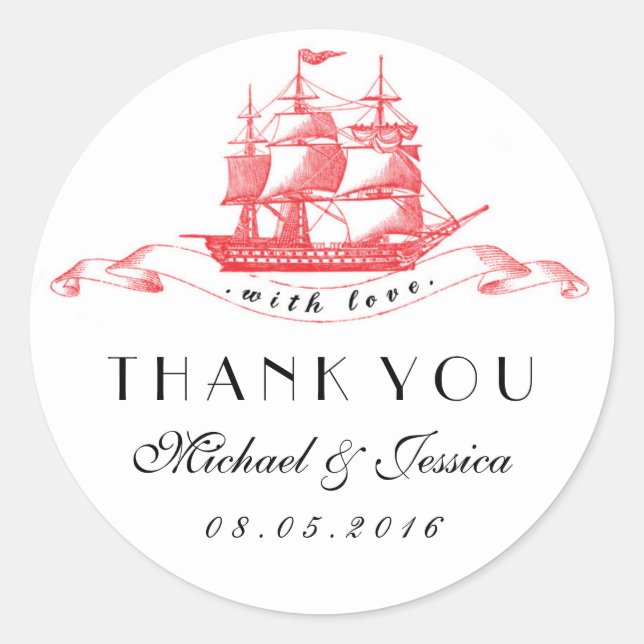 Black Red Vintage Ship Wedding Thank You Sticker (Front)