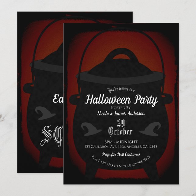 Black Red Vintage Witch Cauldron Halloween Party Invitation (Front/Back)