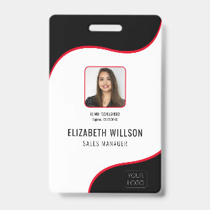 Black Red Wave Business Logo Photo Employee Name ID Badge