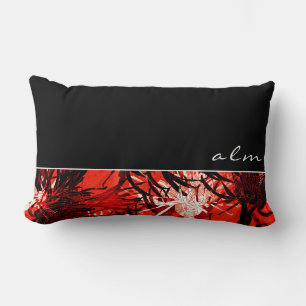 Black Red & White Abstract Floral   Monogram Lumbar Cushion